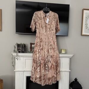 Baltic Born Lucy Nude Blush Midi Dress with Gold Sequin Floral